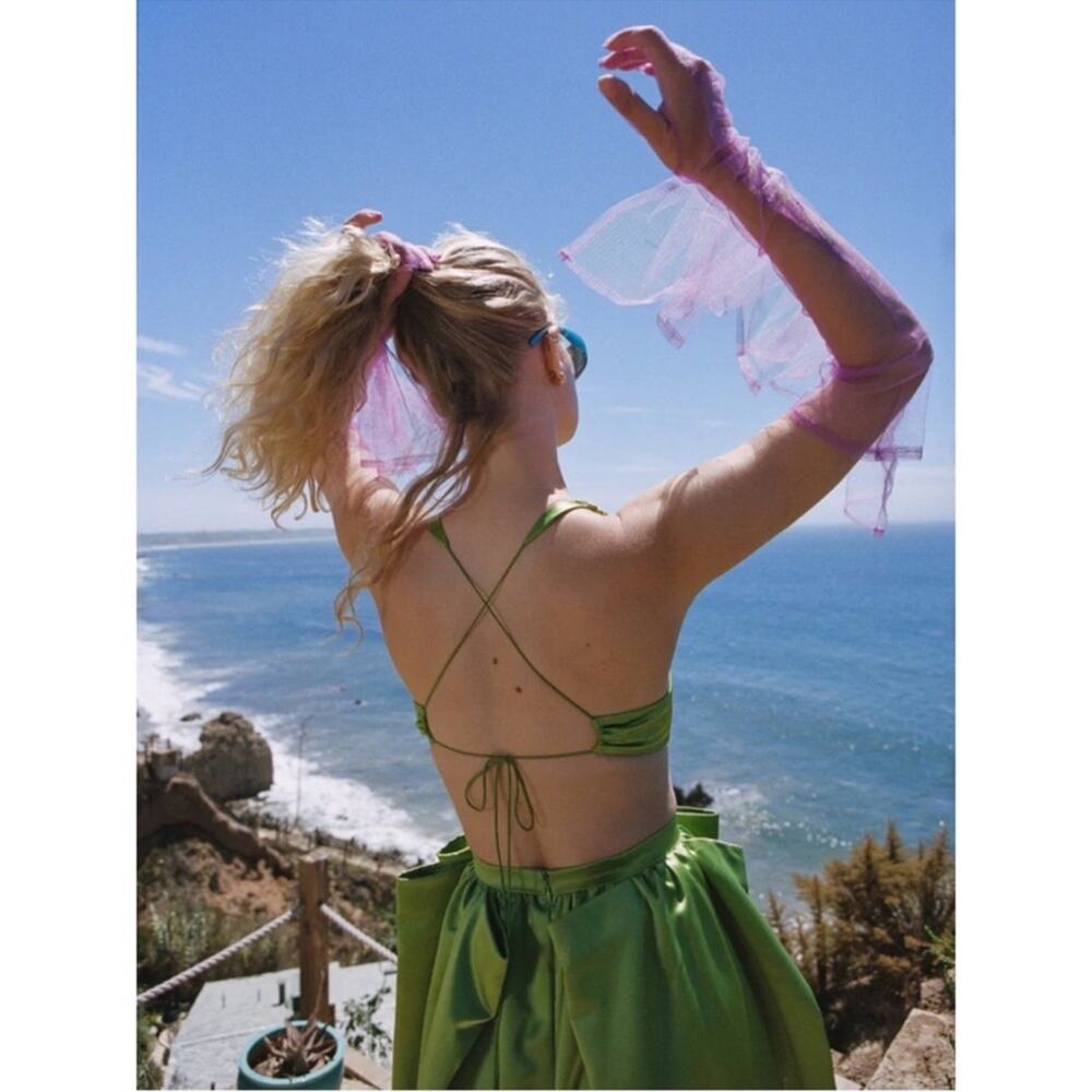 FOR LOVE & LEMONS Virginia Pleated Cutout Satin Green Maxi Dress Sz XS - Picture 6 of 14